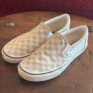 Vans Beige and White Checkered Slip-Ons